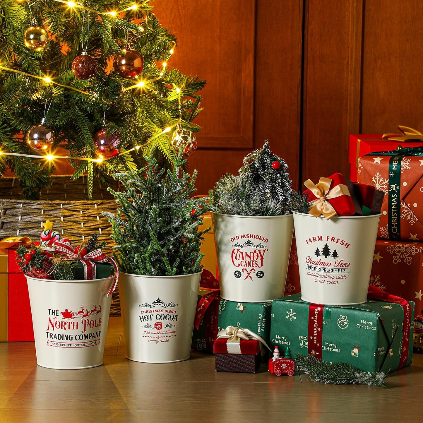 Moxweyeni 4 Pcs Christmas Galvanized Bucket 5.9'' Farmhouse Metal Basket Bucket Planters Pot Rustic Decorative Tin Farmhouse Vintage Flower Holder Decor for Xmas Home Outdoor Indoor Storage Decor