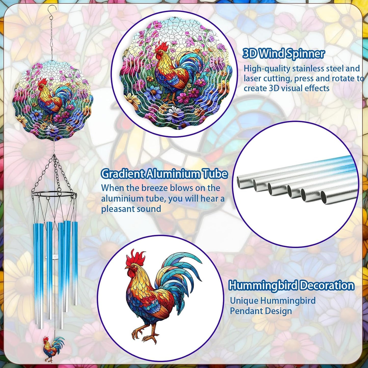 Rooster Hanging Wind Chime for Outside - Stainless Steel Wind Sculpture Chicken Wind Spinners Outdoor Farmhouse Art Ornaments with Card for Garden Yard Balcony Patio Lawn Decorations