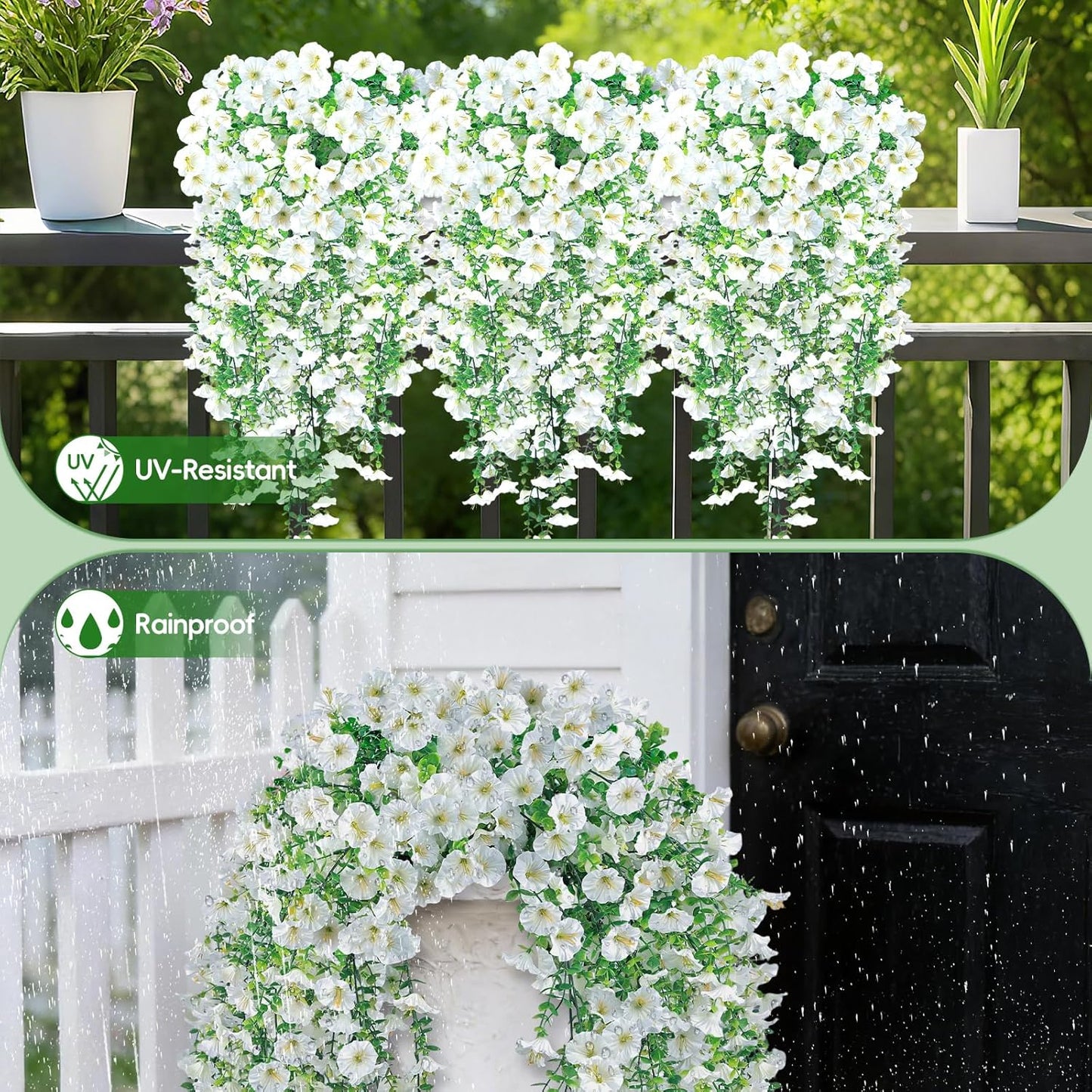 Artificial Hanging Flowers for Outdoors, 6Pcs UV Resistant Faux Silk Morning Glory Flowers, Artificial Fake Plants Trailing Vines for Porch Patio Balcony Yard Garden Farmhouse (White)