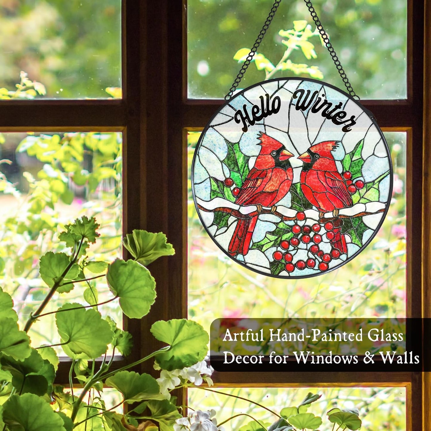 Cardinal Stained Glass Window Hanging Suncatcher, Hello Winter Christmas Bird Sun Catcher Indoor Window Decor, Cardinal Christmas Painted Glass Round Wall Hanging Decorations, 7.8x7.8 in