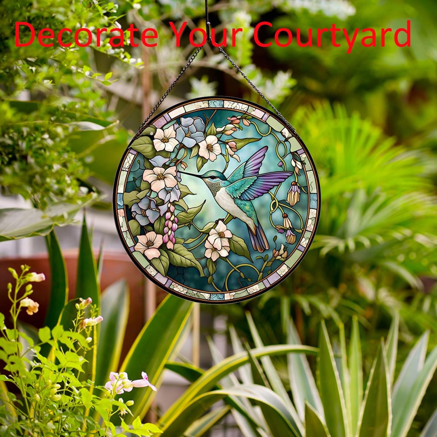 Hummingbirds and Flowers Pattern Stained Glass Suncatchers for Windows,Hanging Stained Glass Suncatcher,20cm/7.87inch Hand-Painted Sun Catcher Garden Painted Glass Panel Decor Themed Gift
