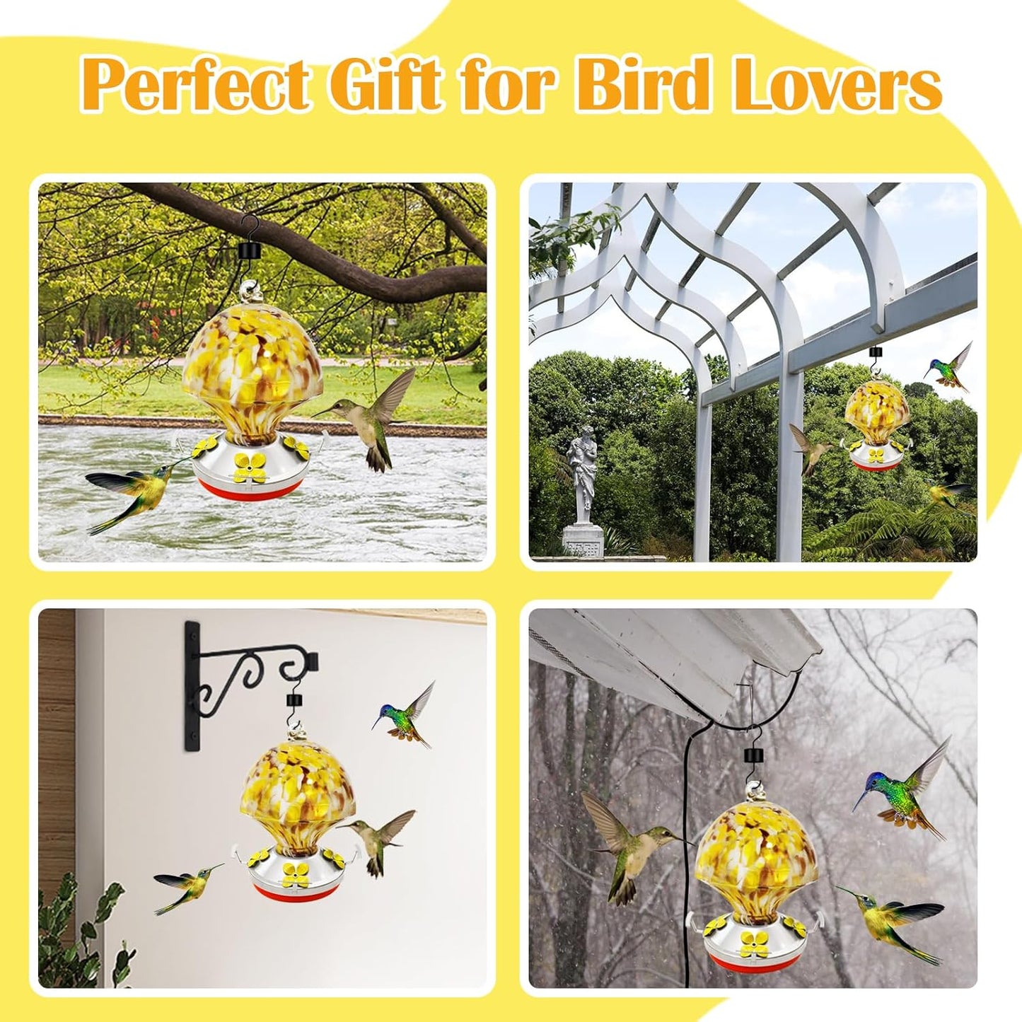 ruiyi itm Glass Hummingbird Feeder with Ant Moat 25.4 OZ Large Capacity Hand Blown Glass Yellow Hanging Bird Feeder for Backyard Garden Outdoors Decorations with S Hook Brus Gift for Bird Lovers