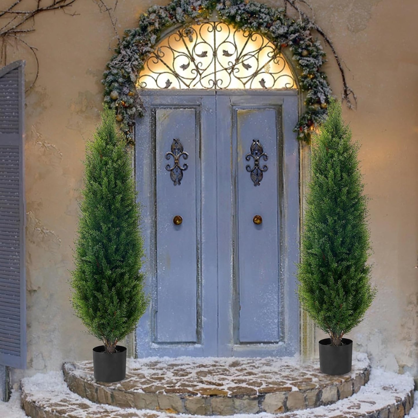4ft(48”) Artificial Cedar Topiary Tree Potted Plants UV Resistant Leaves Outdoor Artificial Shrub Home and Office Interior Decoration Outdoor Pruned Trees Artificial Outdoor Tree