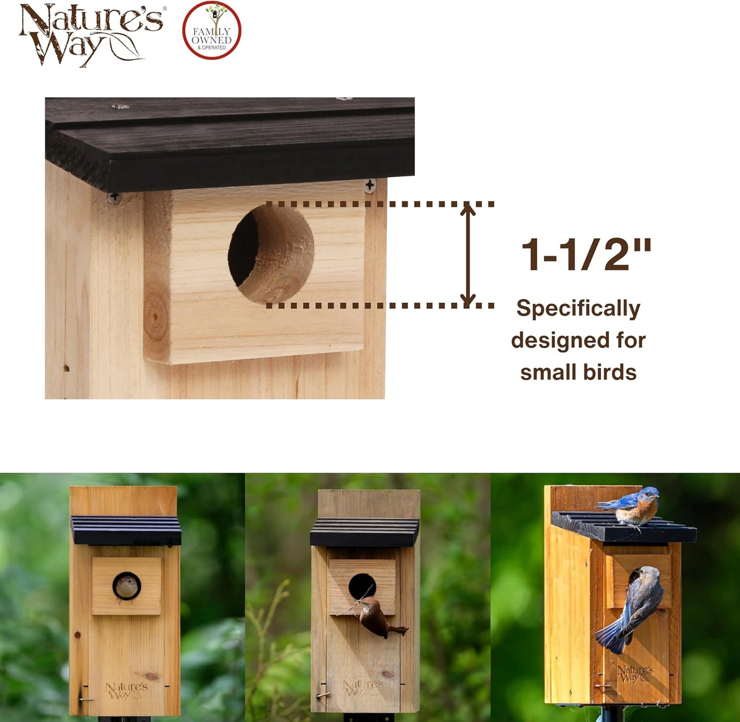 Nature’s Way Cedar Bluebird & Cavity Nesting House, Predator Guard, Ventilated Design & Easy Access Clean-Out Panel, Natural Wood