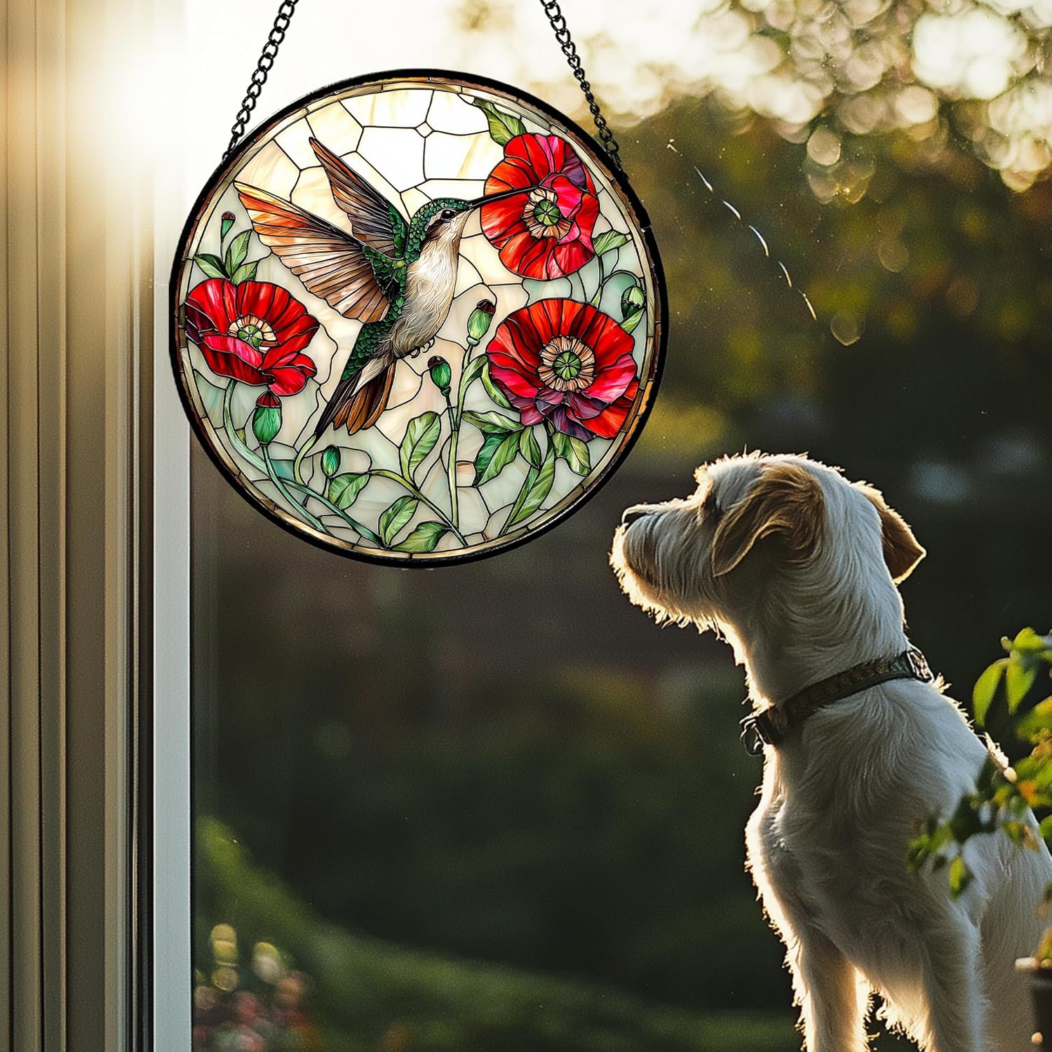 Stained Glass Window Hanging - Green Hummingbird Red Flower Suncatcher