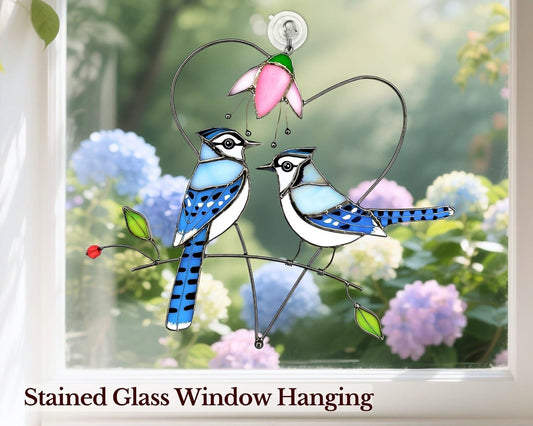 Blue Jay (1 Pair) Stained Glass Birds Suncatcher for Mom, Grandma, Women - Real Glass Window Hanging Ornament - Handmade Bird Lover Home Decor (Gifts Ready Packaging)