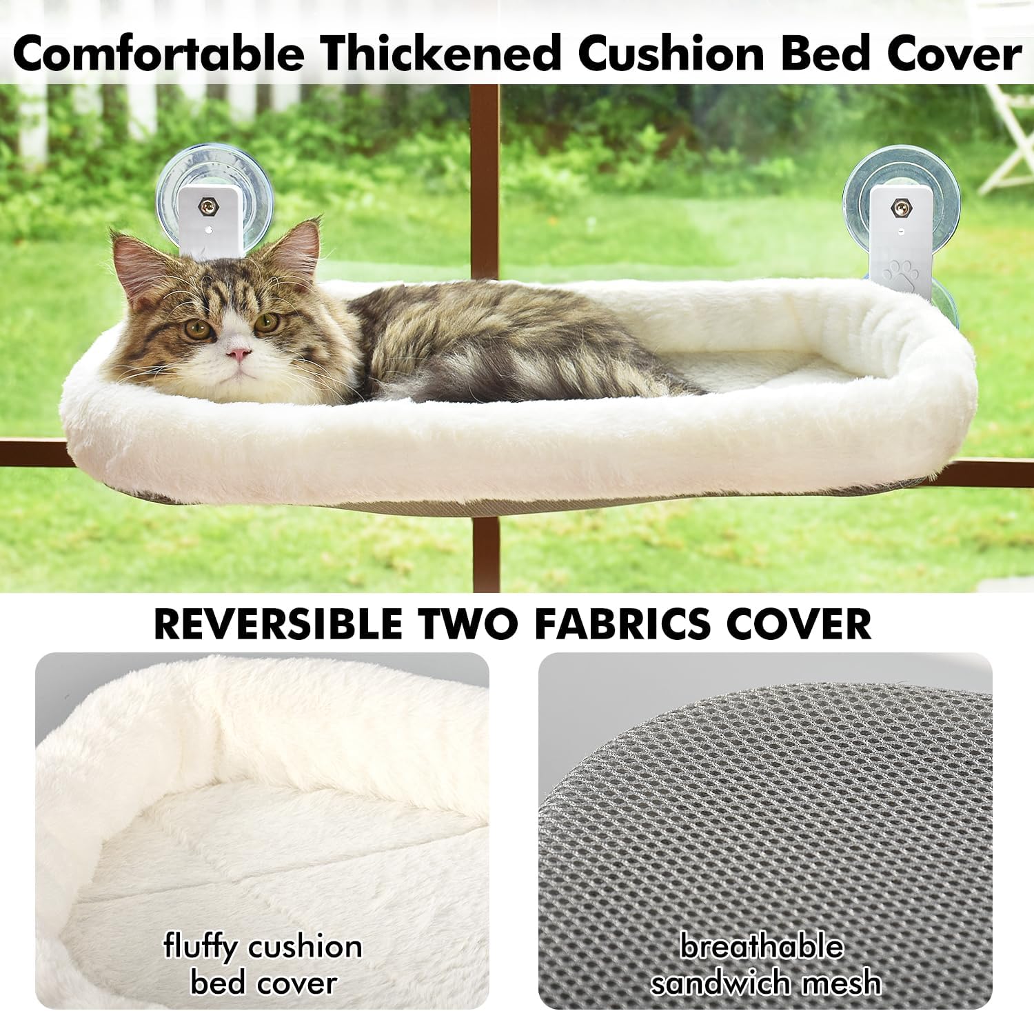 AMOSIJOY Cordless Cat Window Perch, Window Hammock for Cats with 4 Str