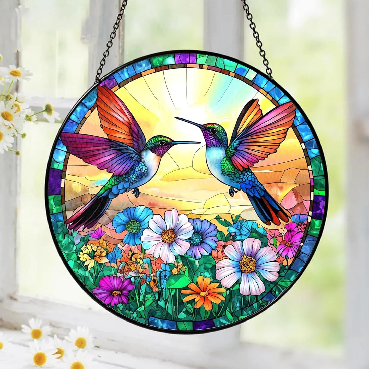 Hummingbird Suncatcher Stained Glass Window Hanging Decor, Hummingbird Gifts for Women, Birds Lovers, Spirit Birds Glass Panel Garden Decorations, Birthday Christmas for Mom, Grandma