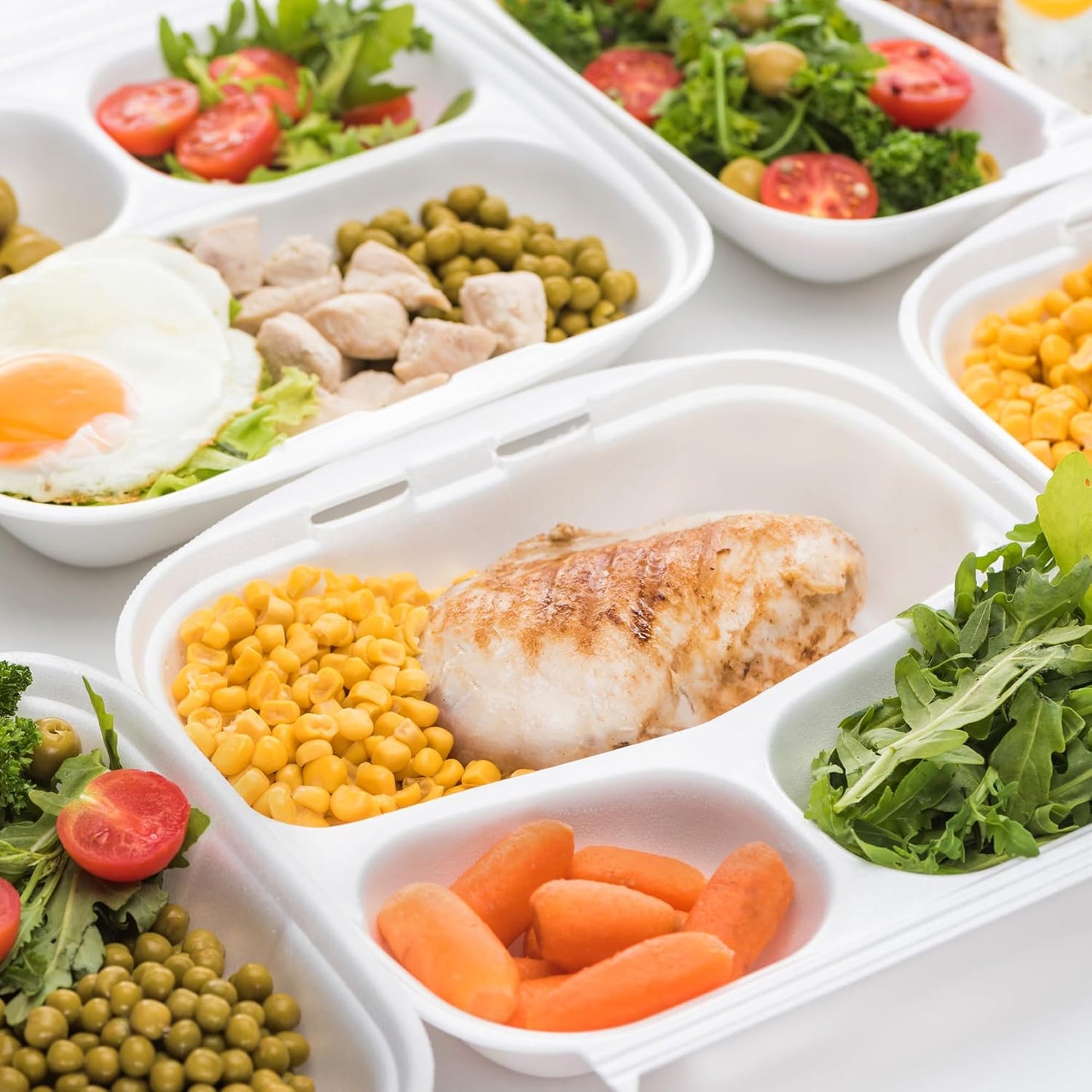 Freshware Compostable Clamshell Food Containers [8x8"] 3-Compartment 50-Pack, Disposable Containers, Biodegradable Sugarcane to Go Boxes - Paper Food Containers - Microwave & Freezer Safe, Stackable