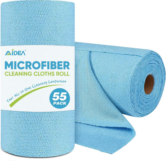 AIDEA Microfiber Cleaning Cloth Roll, Blue Shop Towels 55 Sheets Washa
