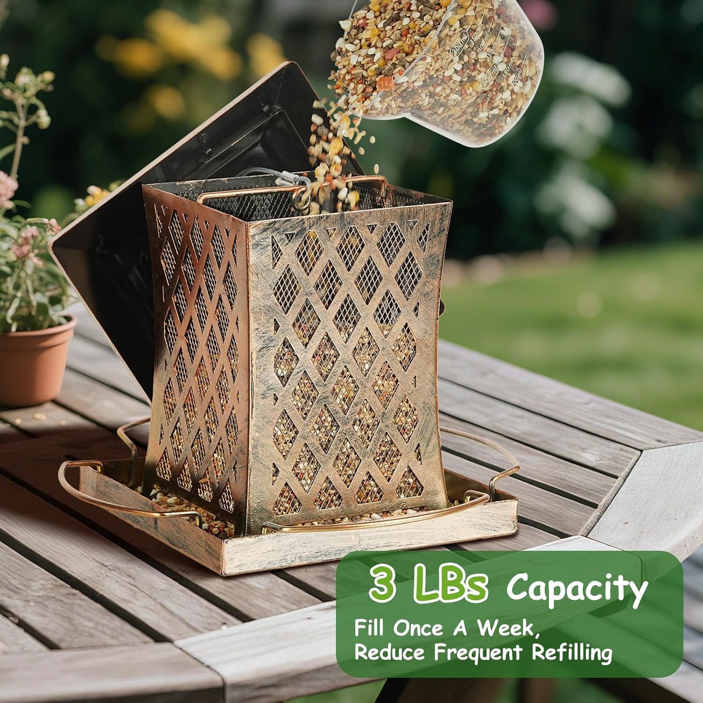Outdoor Bird Feeder, Heavy Duty Retro Lamp Style Bird Feeders for Outside Hanging, Double Metal Mesh Birdfeeder with Lid Fixing Buckle, 3Lbs Capacity - Bronze
