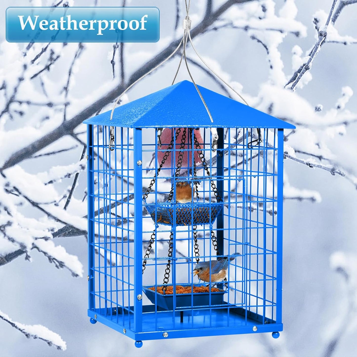 Bluebird Feeders Squirrel-Proof, 7 lbs, Large Heavy Metal Caged Mealworms Blue Bird Feeders for Outside, Weatherproof Wild Bird Feeder,2 Layer Seed Cups(Blue)