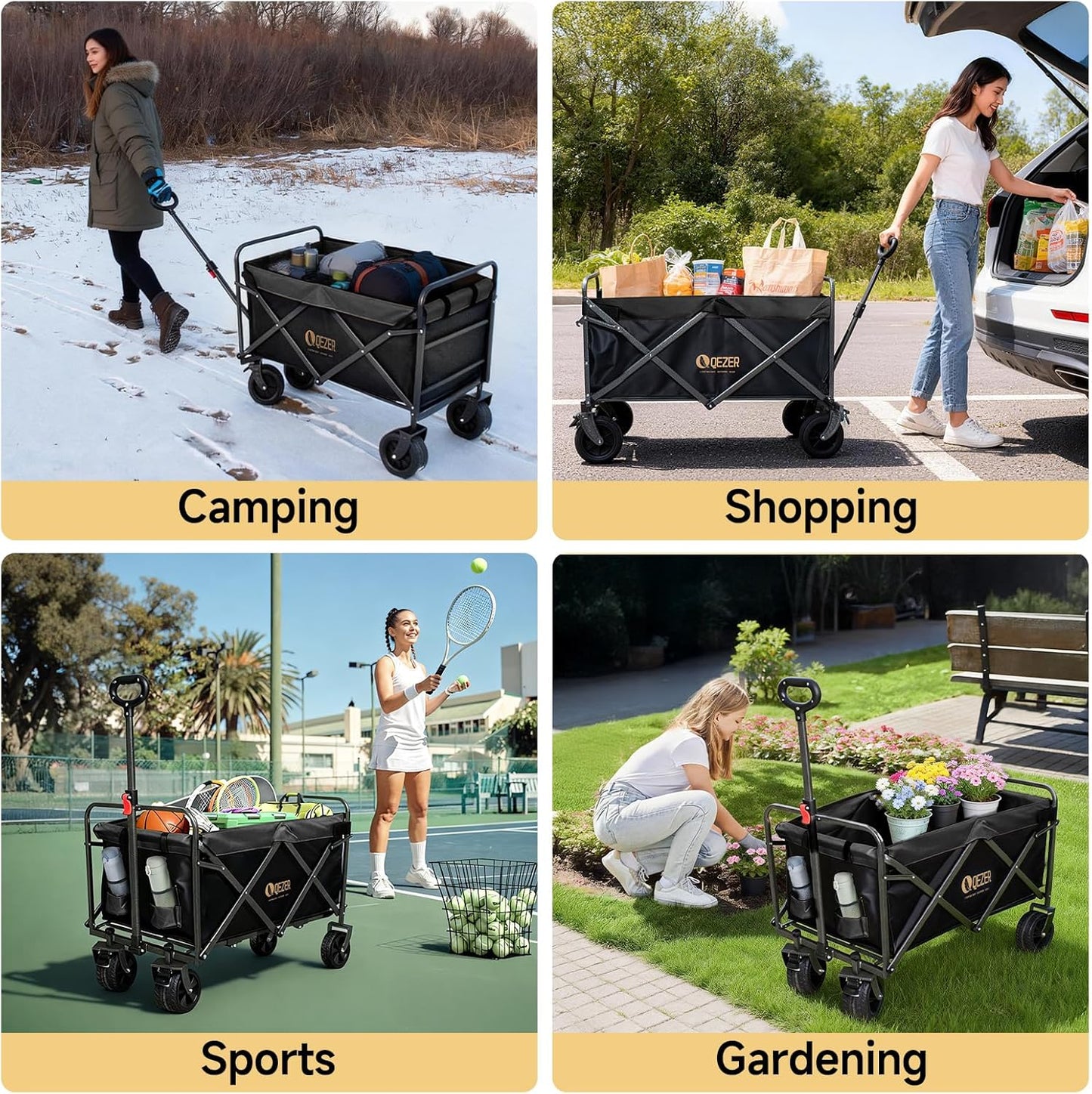 56" Large Collapsible Folding Wagon with Tailgate and Brake, 600LBS He