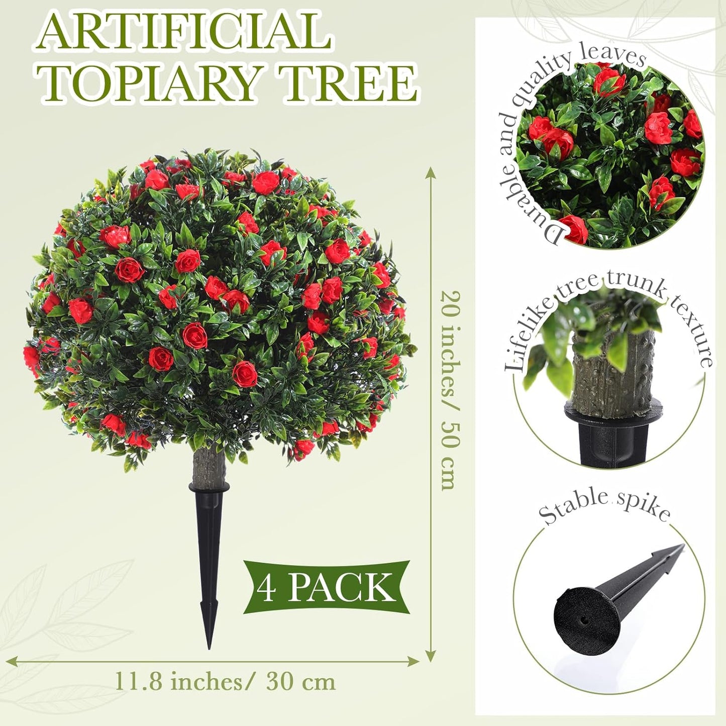 Yunlly 4 Pack Artificial Boxwood Topiary Ball Tree with Faux Rose Bush 18 Inch Outdoor Faux Topiary Shrub with Ground Spike, UV Resistance Fake Plant for Garden Porch Patio Indoor (Red)