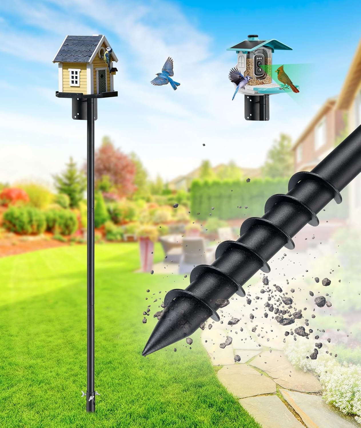 Heavy Duty Bird Feeder Pole - 73 Inch Adjustable 1 Inch Metal Bird House Pole with 14” Deep Auger Base | Outdoor Mount Kit for Bluebird Houses, Hummingbird Feeders, Smart Bird Feeder with Camera