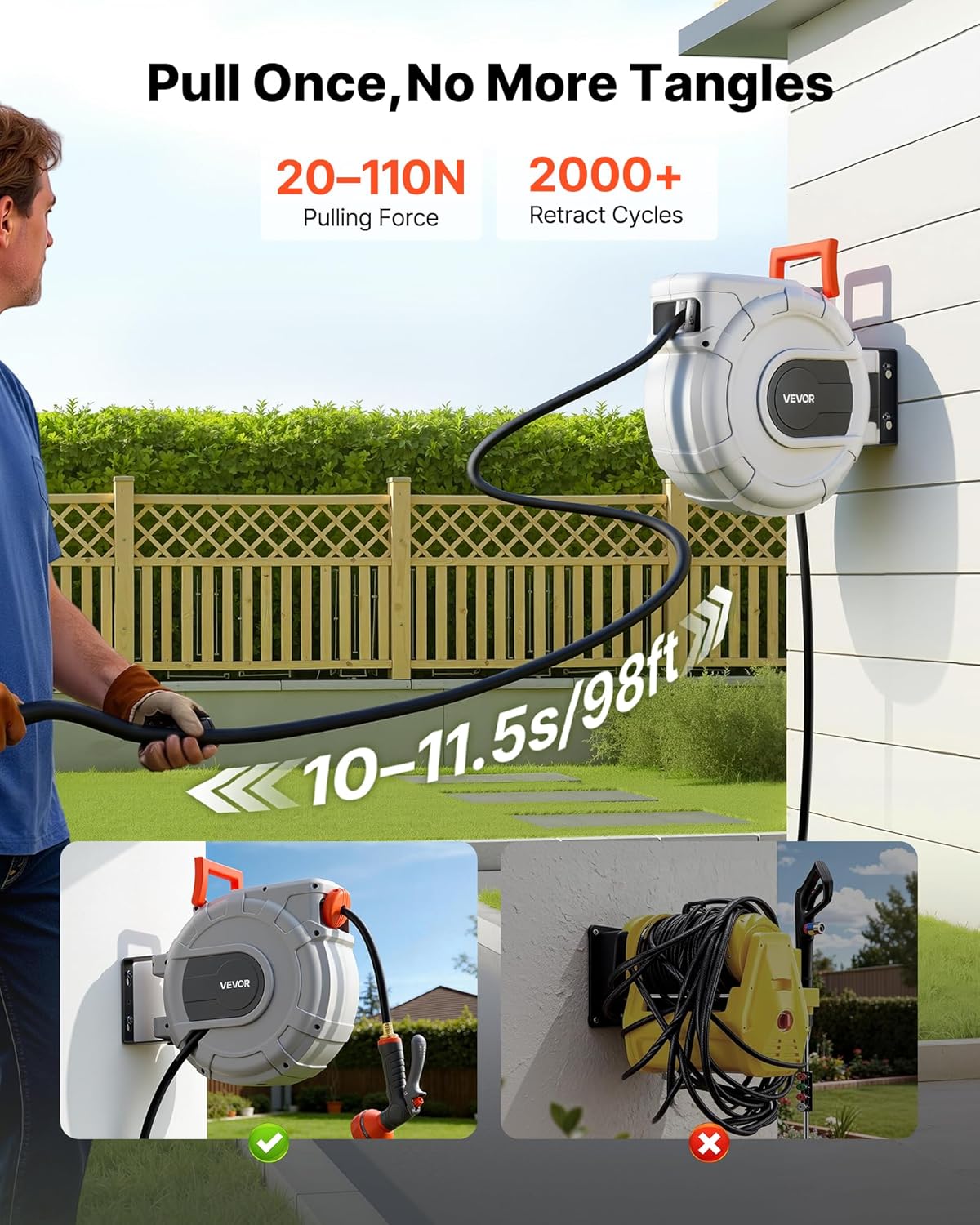 VEVOR Retractable Garden Hose Reel, 1/2 in x 50 ft, Wall Mounted Hose 