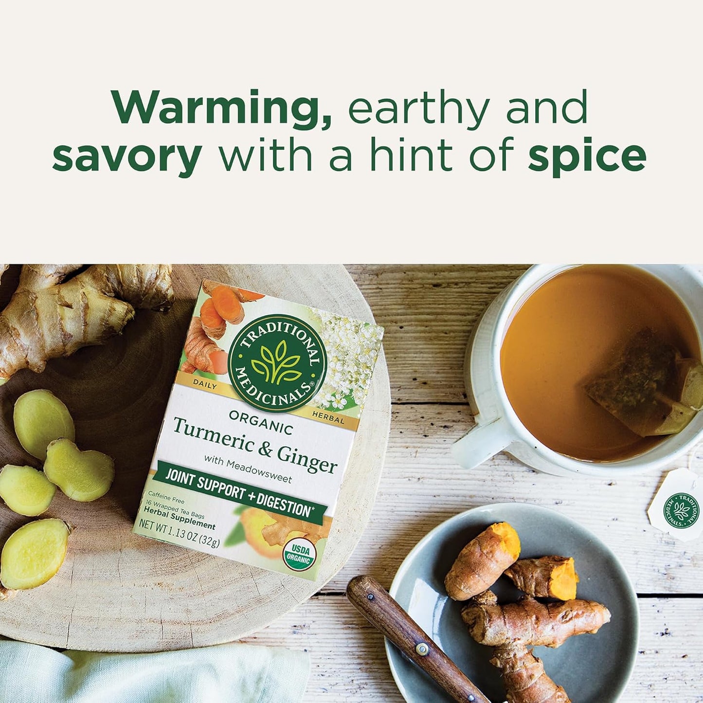 Traditional Medicinals Organic, Turmeric Tea with Ginger & Meadowsweet - Supports Normal Response to Inflammation - Kosher, Non-GMO, Caffeine-Free, Compostable - 16 Tea Bags