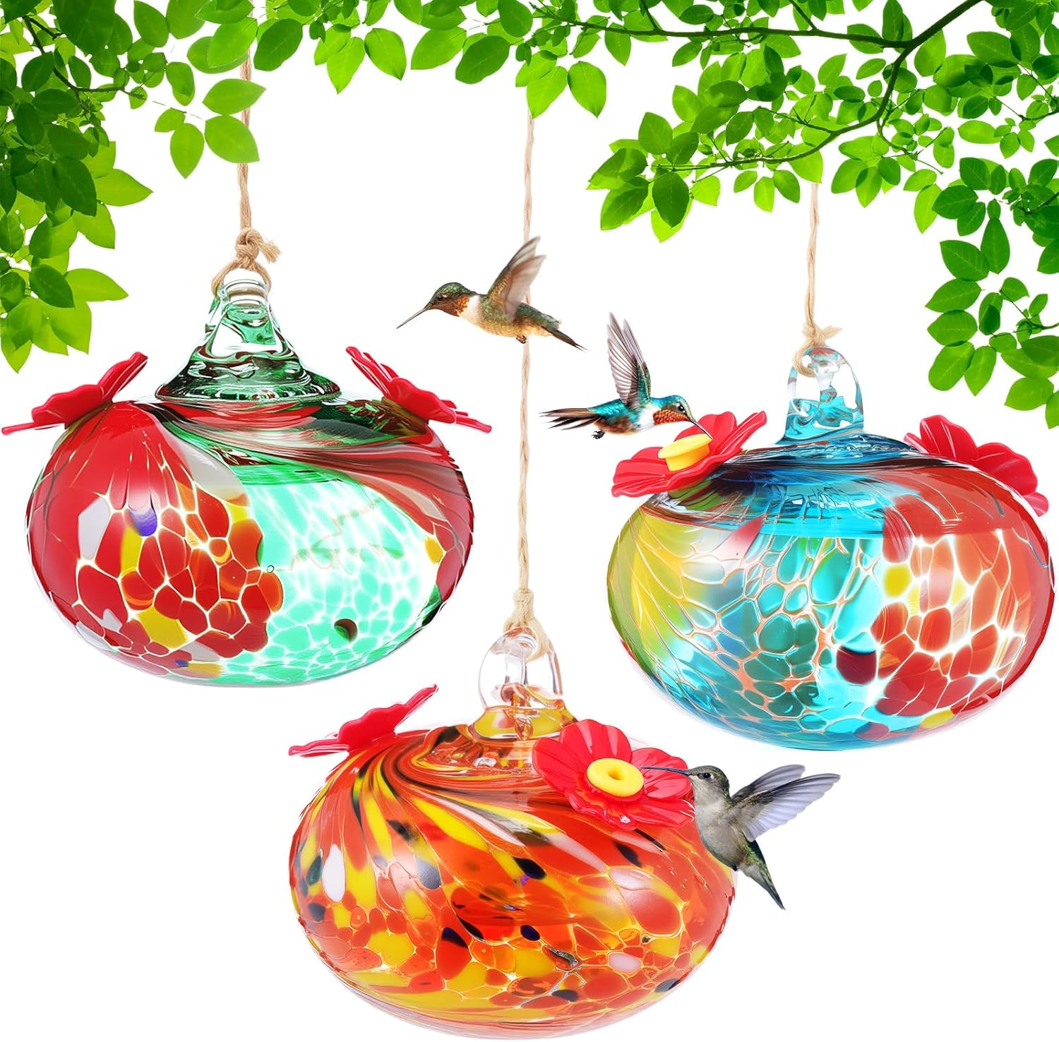 Tioncy 3 Pcs Hand Blown Glass Hummingbird Feeders for Outdoors Small G