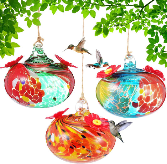 Tioncy 3 Pcs Hand Blown Glass Hummingbird Feeders for Outdoors Small Glass Humming Bird Feeder with Pinhole Syringe Ant and Bee Proof Garden Decor for Window Hanging Outside