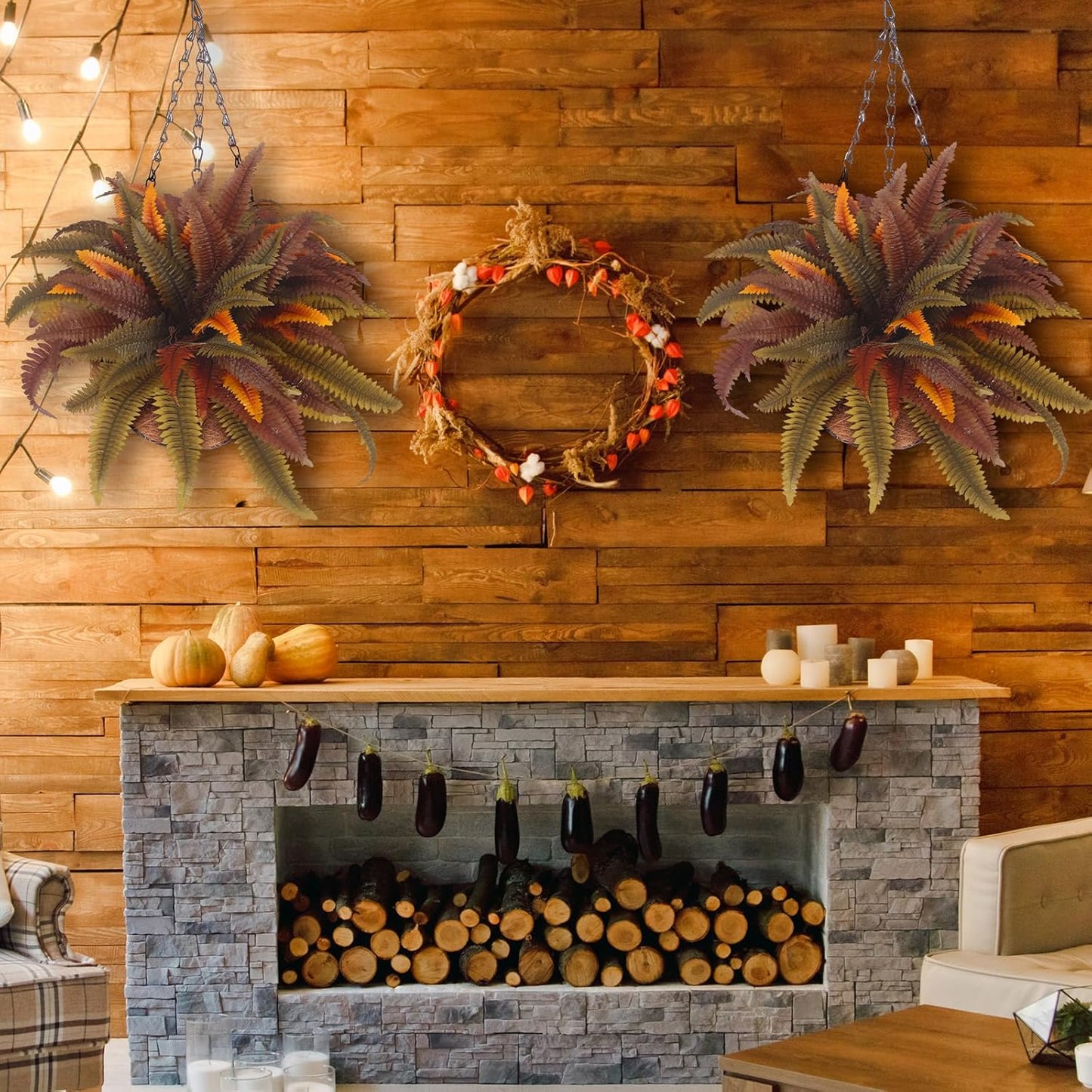 2 Pack 44'' Artificial Boston Fern Fall Porch Decor Hanging Plants Natural Indoor Outdoor Large Fake Ferns for Home, Garden, Thanksgiving, Autumn Decor