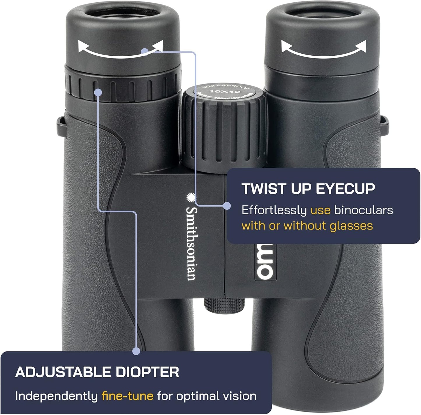 Smithsonian Adult Birding Binoculars - 10x42, Phone Adapter, Diopter Adjustable - Ideal for Hiking, Travel - Includes Bird Watching Guide