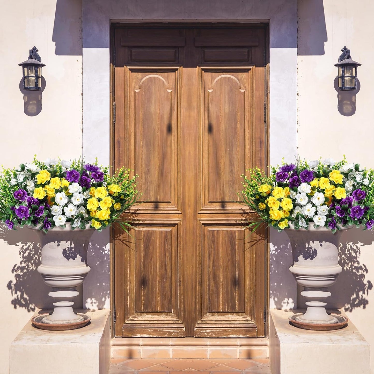 12pcs Artificial Flowers for Outdoor Fake Silk Camellia UV Resistant Realistic Eucalyptus Leaves Fake Grass Greenery for Front Door Porch Planter Pot Patio Balcony Decor(Classic)