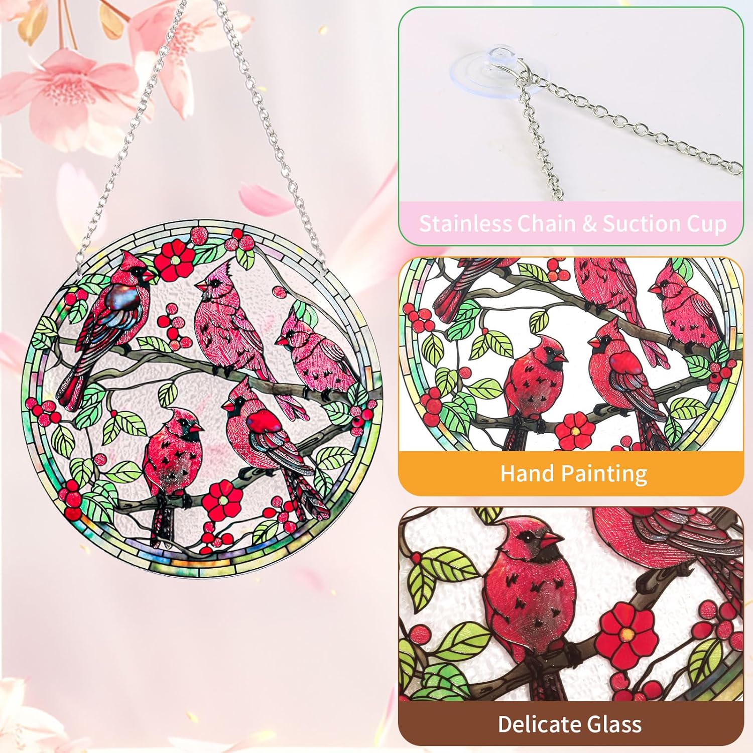 Stained Glass Window Hanging – Red Cardinal Birds Suncatcher, 6-Inch R