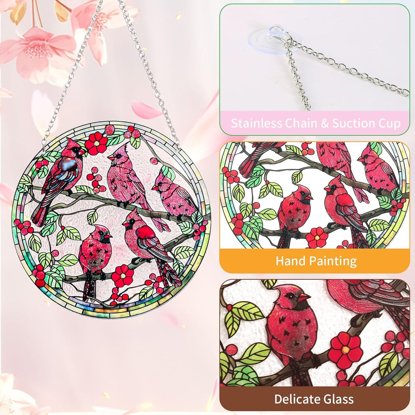 Stained Glass Window Hanging – Red Cardinal Birds Suncatcher, 6-Inch Round Glass Panel Indoor Window Art, Home and Garden Decorations, Mother's Day, Christmas, Bird Lover Giftss