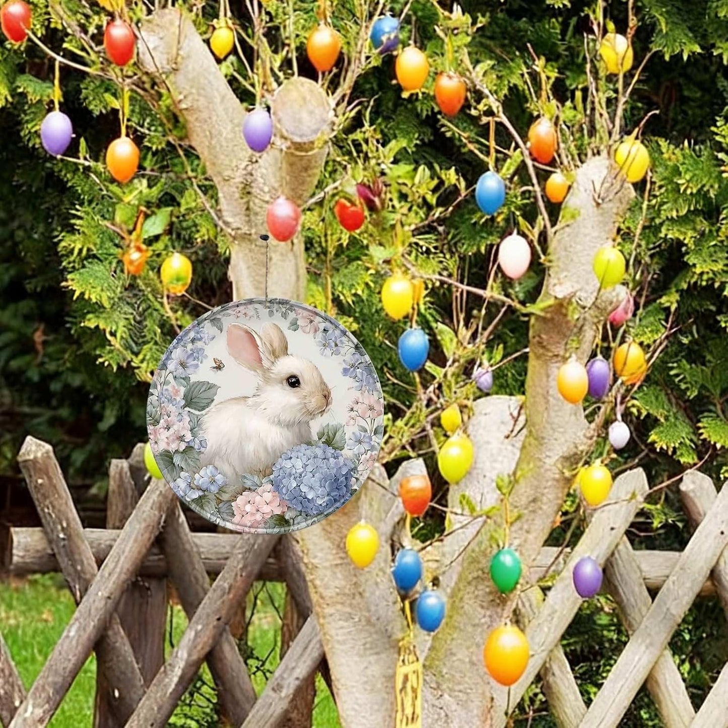 Easter Rabbit Round Metal Tin Sign Wreath Vintage Wall Decor for Home 