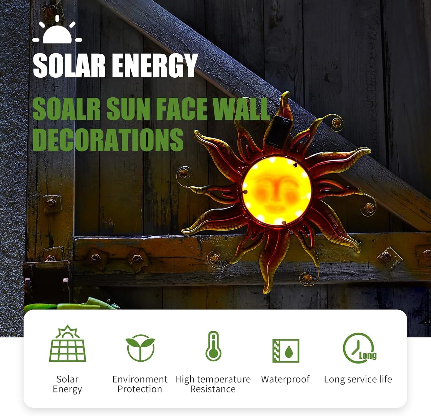 18" Solar Sun Face Wall Art - Metal Sun Sculpture with LED Lights & Smiling Face, Outdoor Wall Hanging Decorations (Gold)