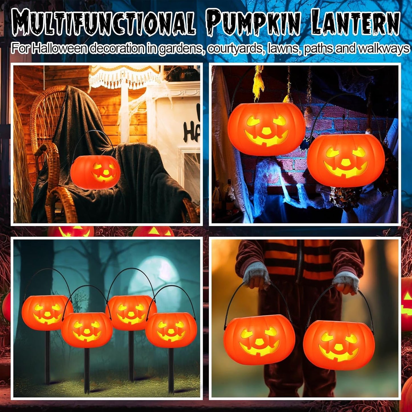 4 Pcs Halloween Pumpkin Pathway Markers Solar Light up Orange Jack O Lantern Stake LED Waterproof Plastic Pumpkin Light for Garden, Balcony, Yard, Lawn, Pathway, Walkway Halloween Decor