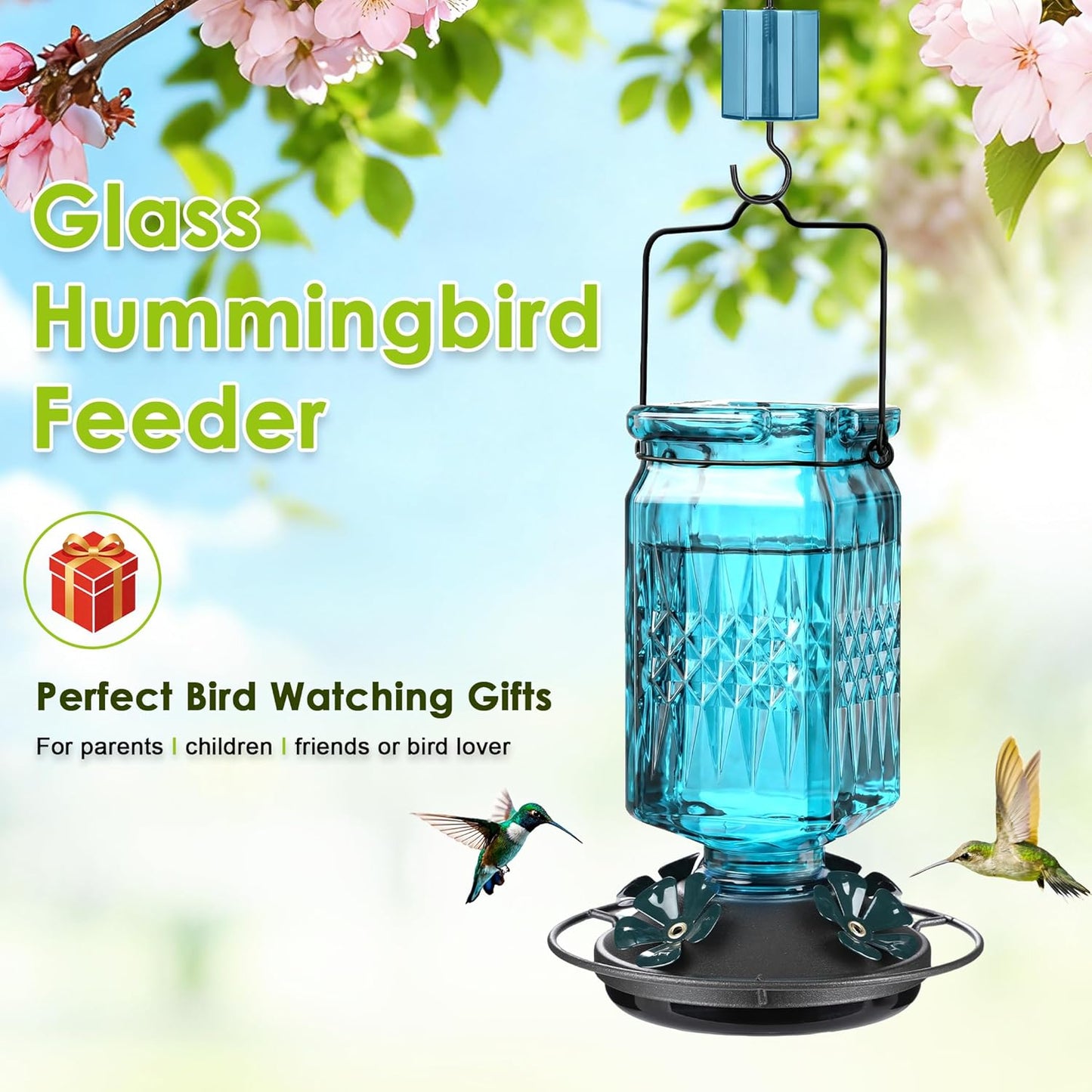 20oz Glass Hummingbird Feeder for Outdoors Hanging, Bird Nectar Feeder with 4 Bee Guard Flower-Shaped Feeding Ports & Built-in Ant Moat, for Bird Lover, Blue (2 Pack)