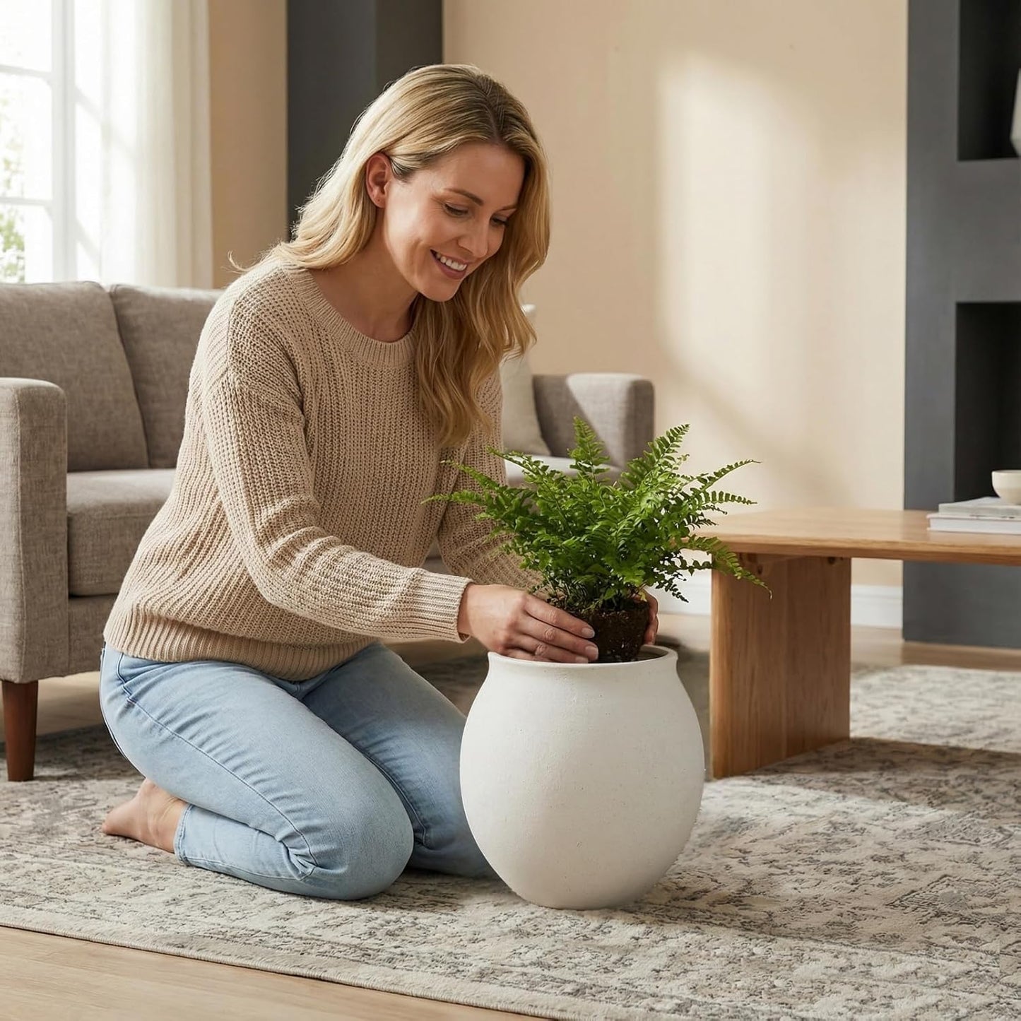 Round Wide Mouth White Ceramic Vase -9.7" Large Flower Pot with Drainage Hole for Indoor Plants, Gravel Textured Cream White Vase & Planter for Home Decor