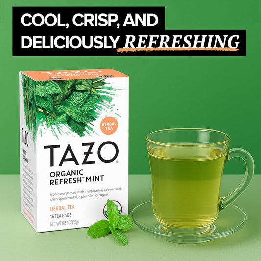 TAZO Organic Refresh Mint Herbal Tea Bags with Peppermint and Spearmint, Caffeine Free, 16 Total Tea Sachets