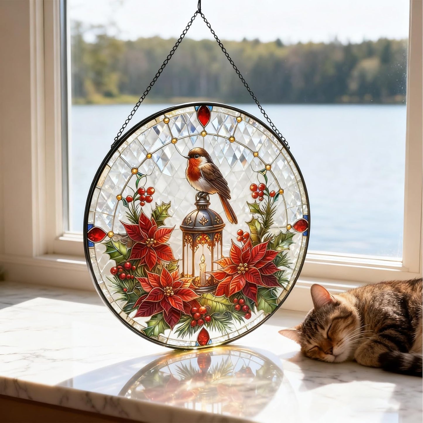 A Robin on lamp Post Stained Glass Window Hanging, Red Bird Memorial Suncatcher,Hummingbird Suncatcher for Women,Cardinal Gifts for Mom Grandma 7.87"