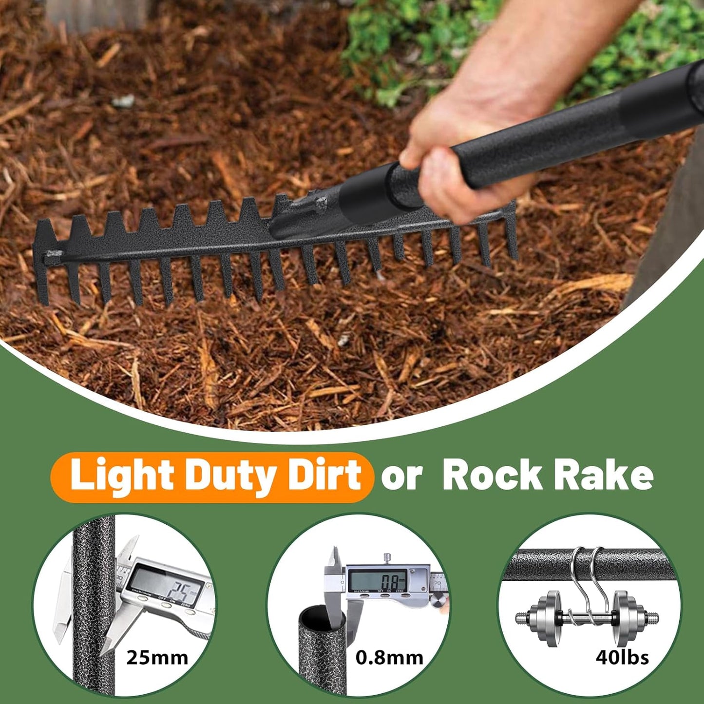 Garden Rake, 63 Inch Long Handle with 17 Tongs, Heavy Duty Metal Bow R