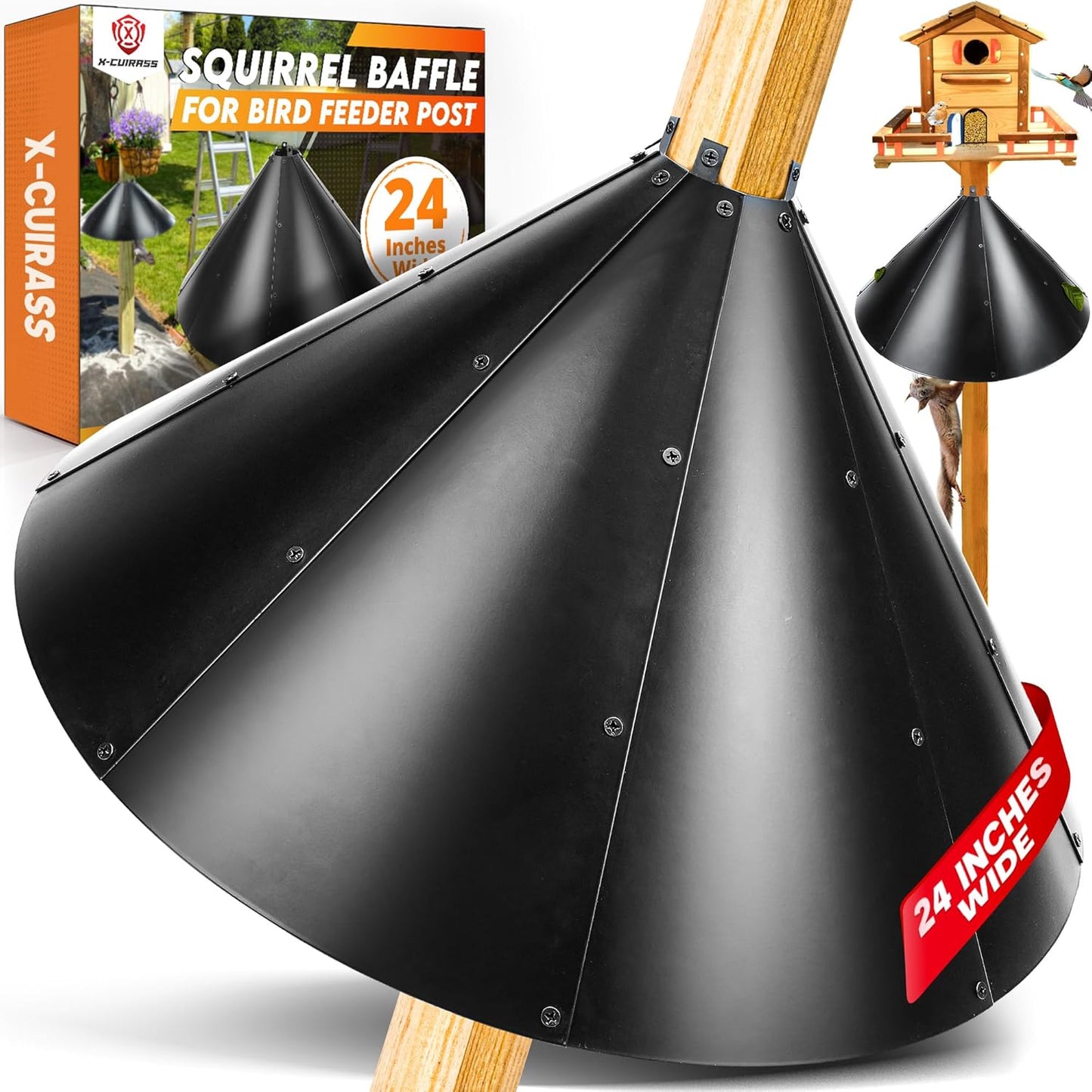 [Upgraded] 24” Squirrel Baffle for 4x4’’ Post, 0.7mm Thick Deflector for Bird Feeder Post, Anti-Rust Steel Squirrel Guard Stopper for Wooden Pole, Squirrels and Raccoons Proof Barrier for Bird House