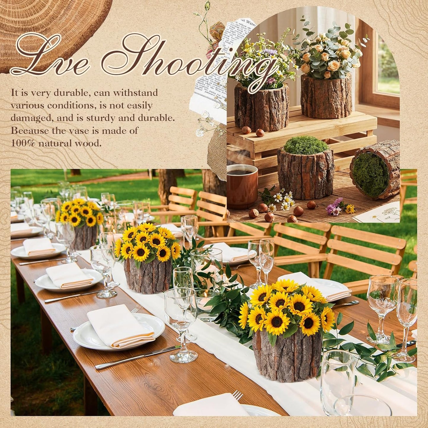4 Set Wooden Vase for Centerpieces Wedding Flower Table Centerpieces Decor Rustic Bark Stump Bucket Farmhouse Wood Planter Pot for Woodland Party Window Home (Fake Green Moss,Large)