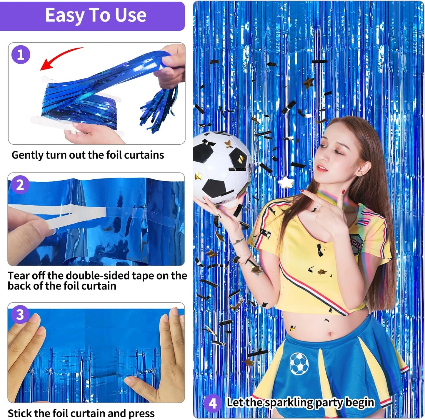 Blue Streamers Party Decorations 3.3x8.2ft, 2 Pack Dark Blue Tinsel Backdrop for Ocean Themed Party Decor, Glitter Blue Foil Fringe Curtains for Door Decorations Hanging Birthday Baby Shower Halloween