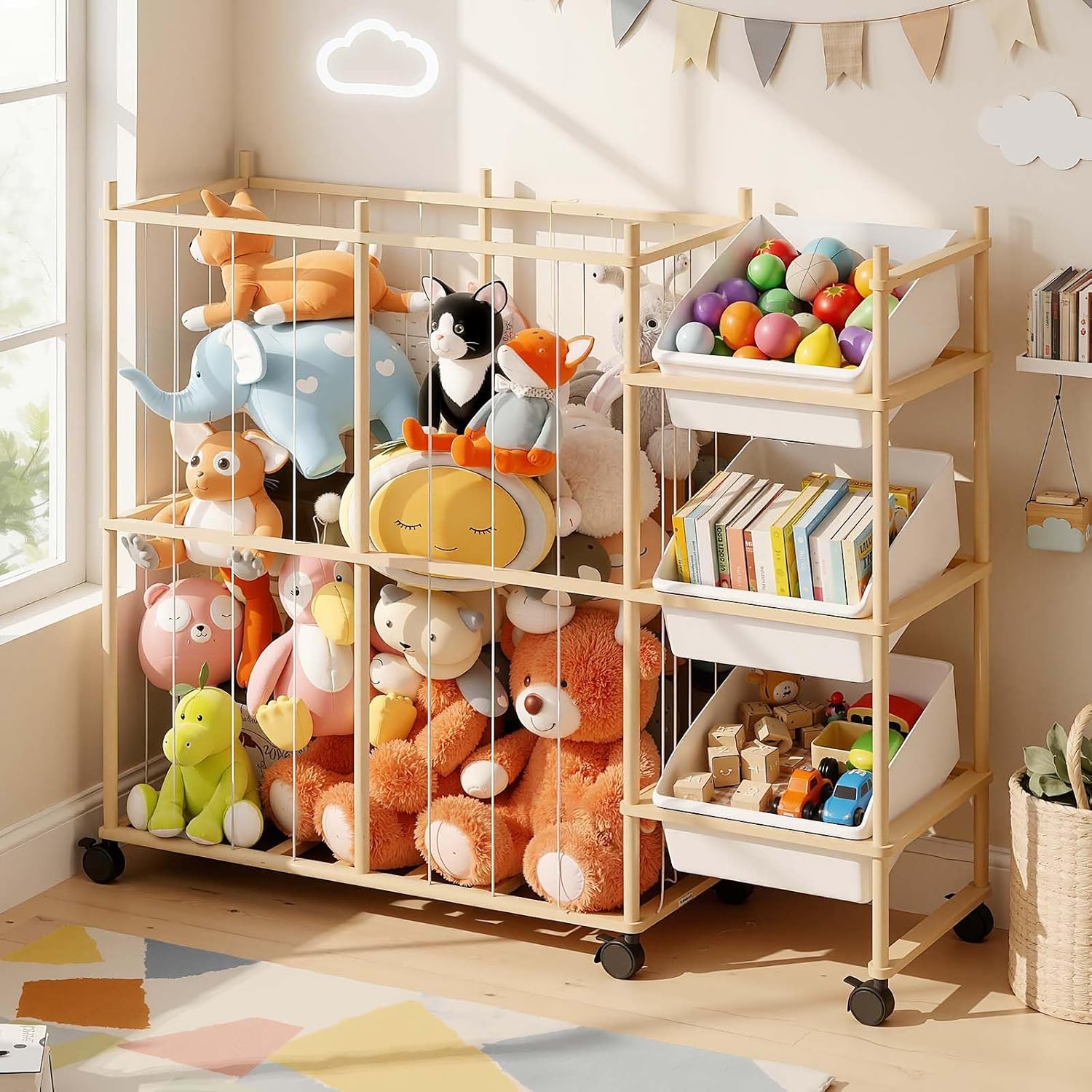 Toy Storage Organizer with 3 Removable Bins, Kids Storage Toy Shelf Or