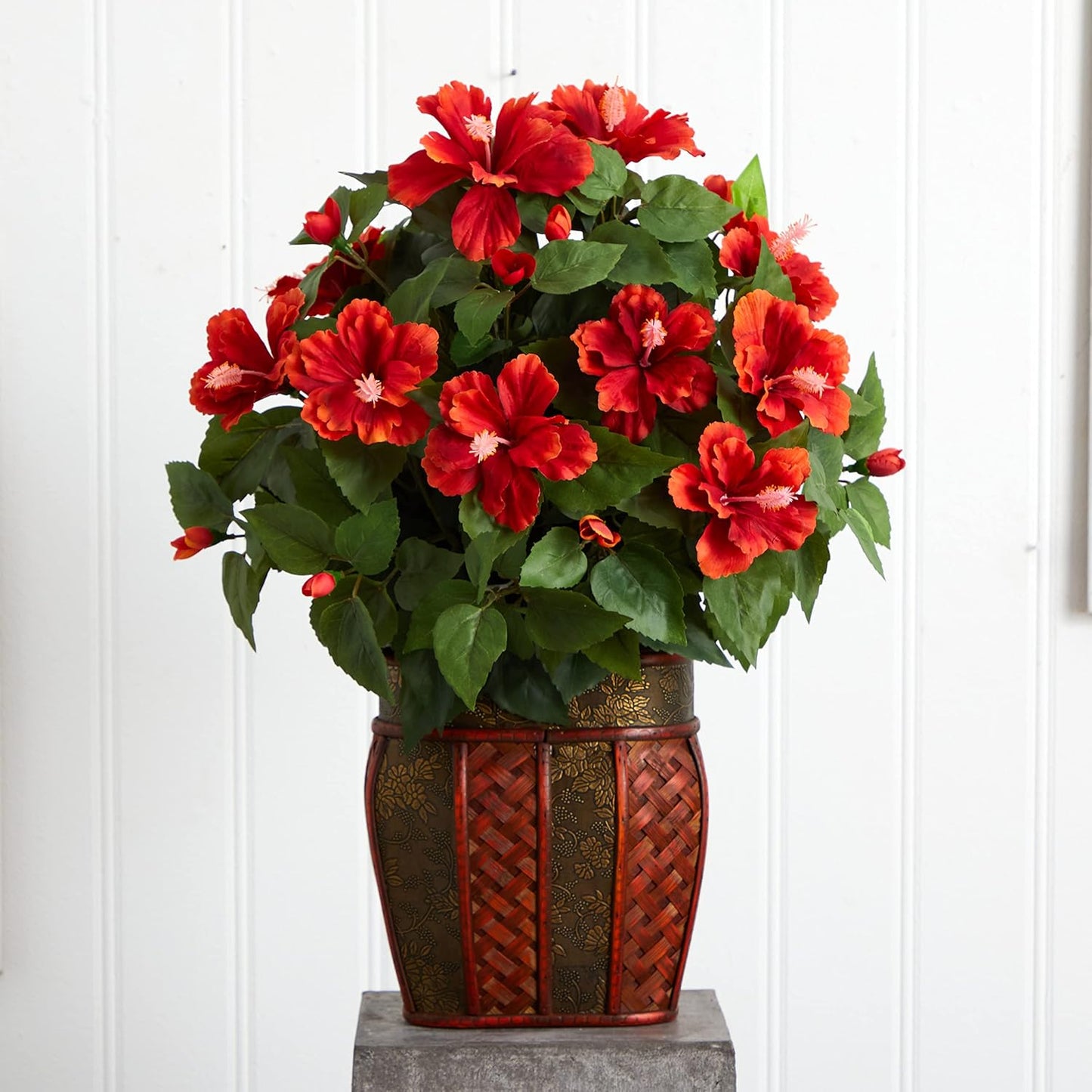 Nearly Natural 6667 Hibiscus with Vase Decorative Silk Plant, Red 24" x 24" x 19"