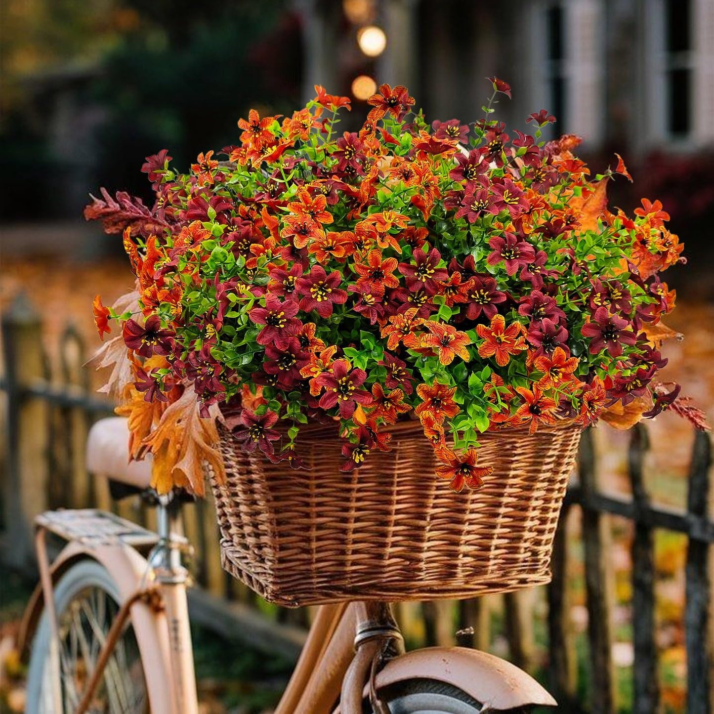 12 Bundles Faux Fall Flowers Artificial Mums for Outdoors Fake Plants UV Resistant for Planters Pots Garden Outside Front Porch Patio Hanging Basket Home Autumn Decoration (Orange+Brown)