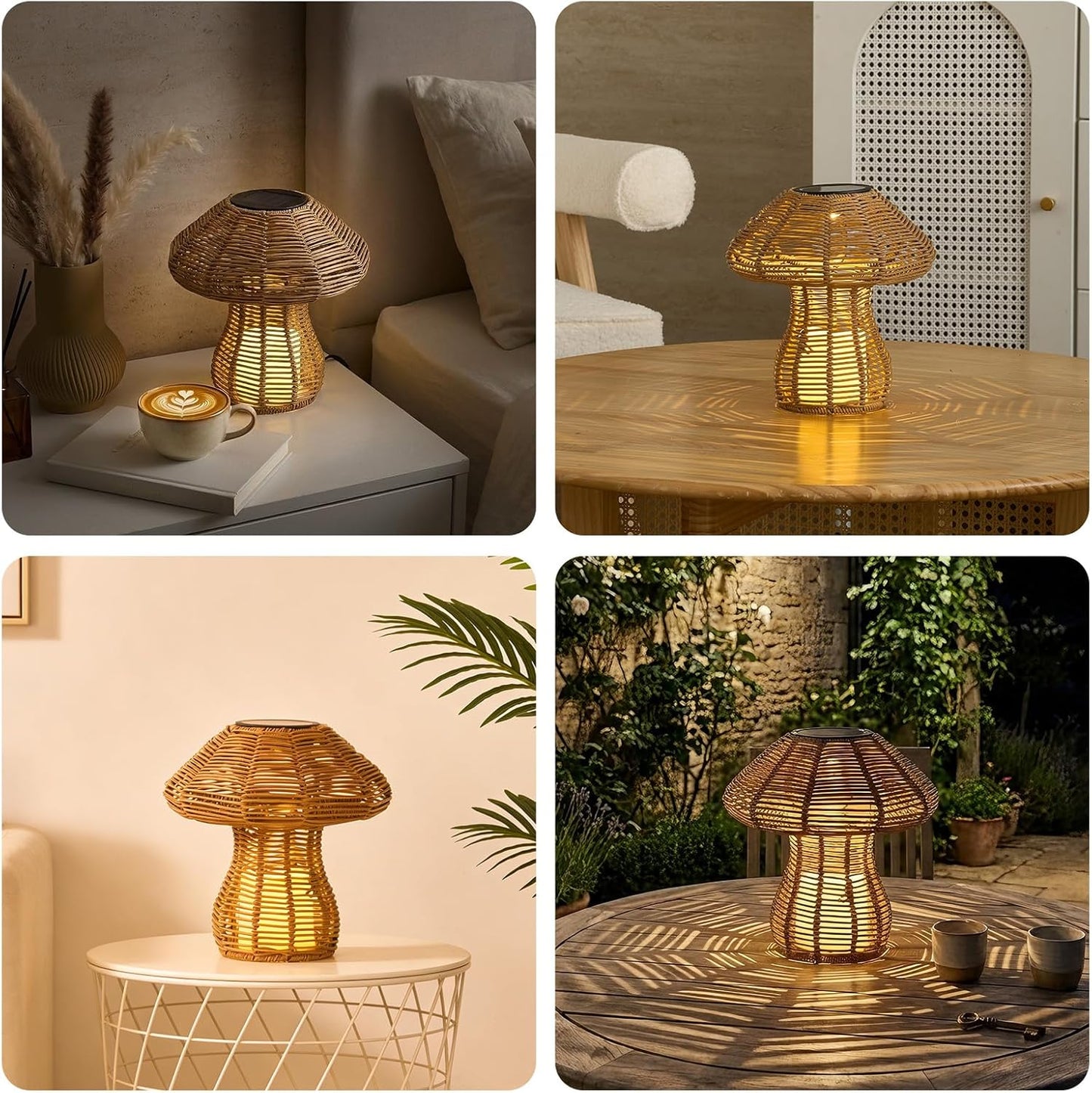 Portable Wireless Rattan Lamp for Indoor Outdoor, CE,RoHS Certified Solar Rechargeable & Replaceable Battery LED light, Handmade Small Table Light with Warm Candle Bulb for Patio Bedroom Restaurant