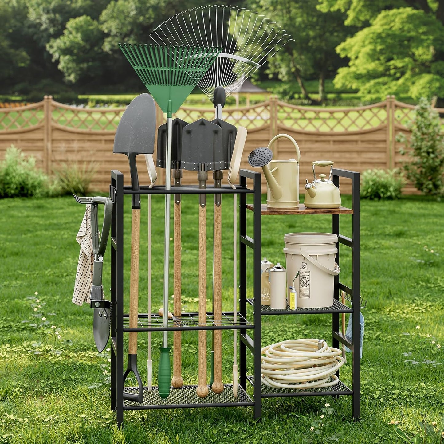 Garden Tool Organizer for Garage,3 Tier Garden Tools Rack with 8 Hooks,Up to 35 Long-Handled Tools/Rakes/Brooms, Heavy Duty Steel Garage Tool Stand for Shed, Outdoor, Black