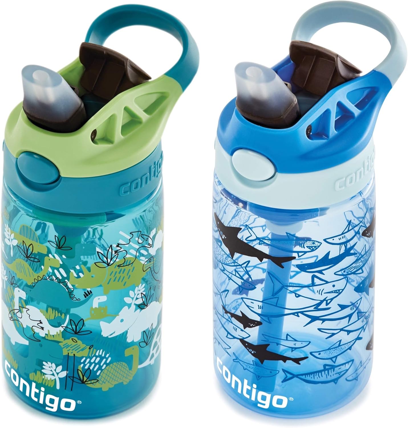 Contigo Aubrey Kids Water Bottle, 2-Pack, 14oz, Dinos & Sharks, Spill-