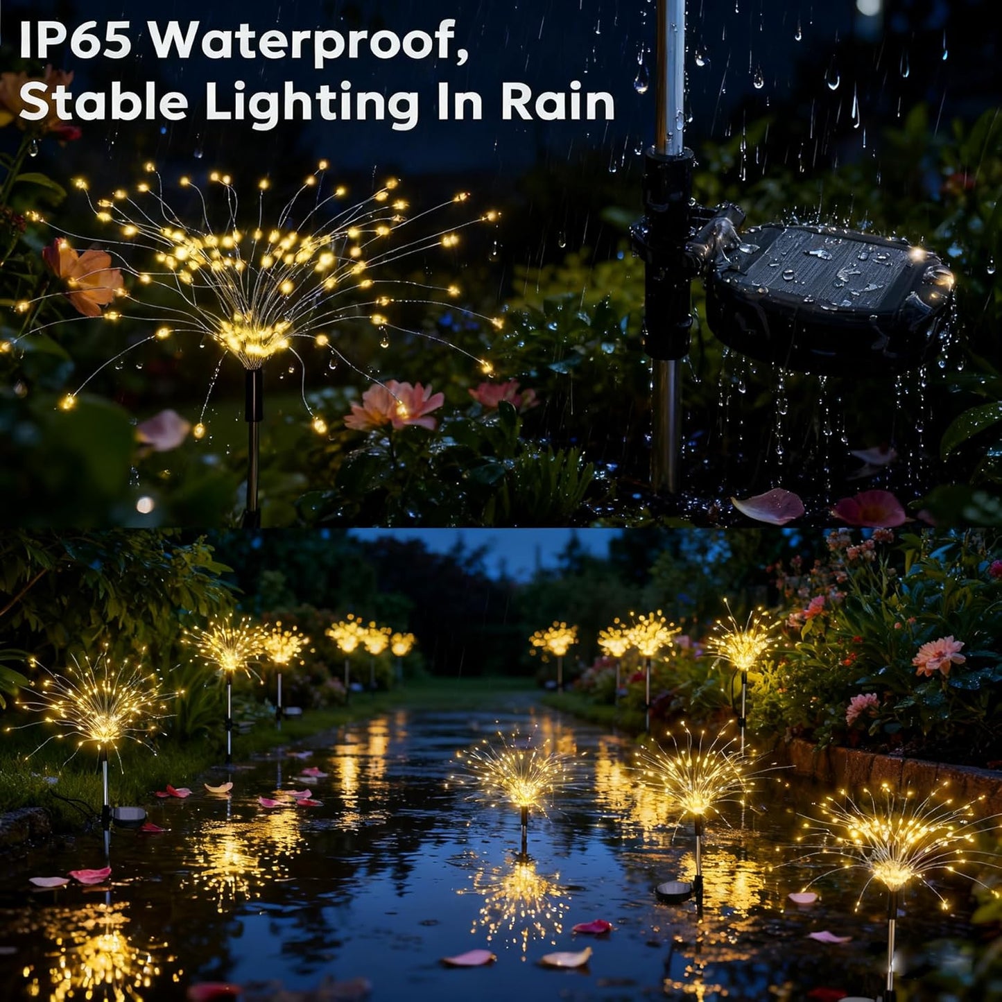 4 Pack Solar Firework Lights, 200 LED Outdoor Waterproof Garden Decorative Lights, for Party, Home, Christmas Decoration (Warm Ligh)