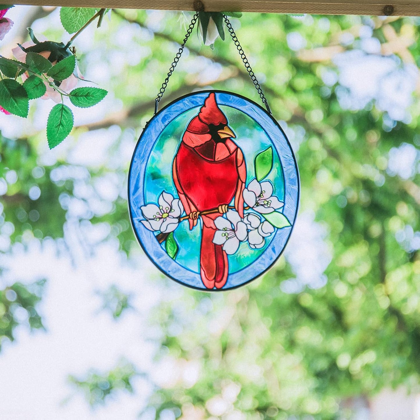 MUMTOP Stained Glass Window Hanging - 2 Pack Cardinal Suncatcher Hanging Ornaments Wall Art, Hand-Painted Glass Panel Home Decor for Grandma Gift Idea