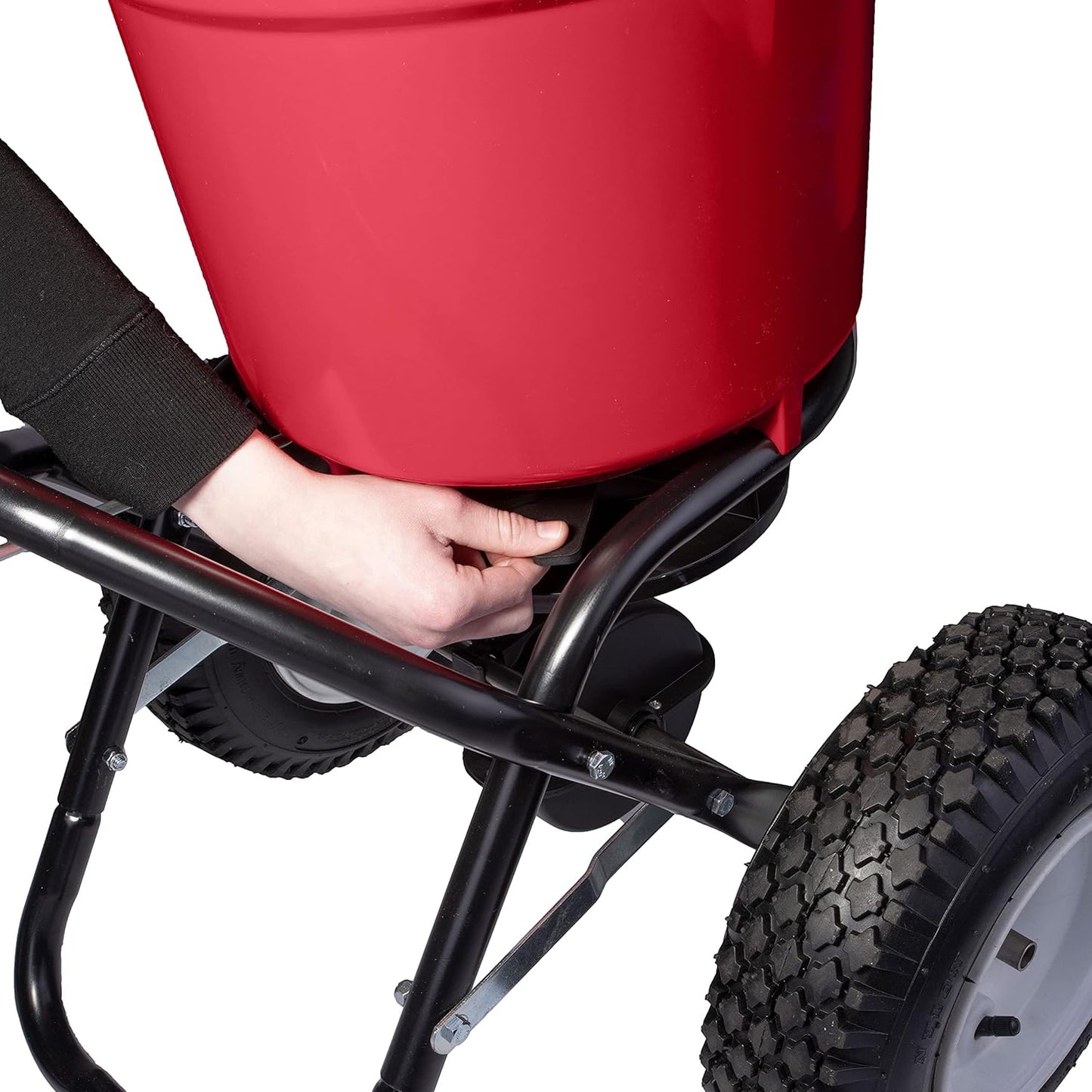 EarthWay 2150 Commercial 50 LB Broadcast Fertilizer Spreader. Heavy-Duty Walk-Behind Push Garden Seeder with Adjustable Drop Rate and Driving Handle. Large 13 inch Pneumatic Stud Tires