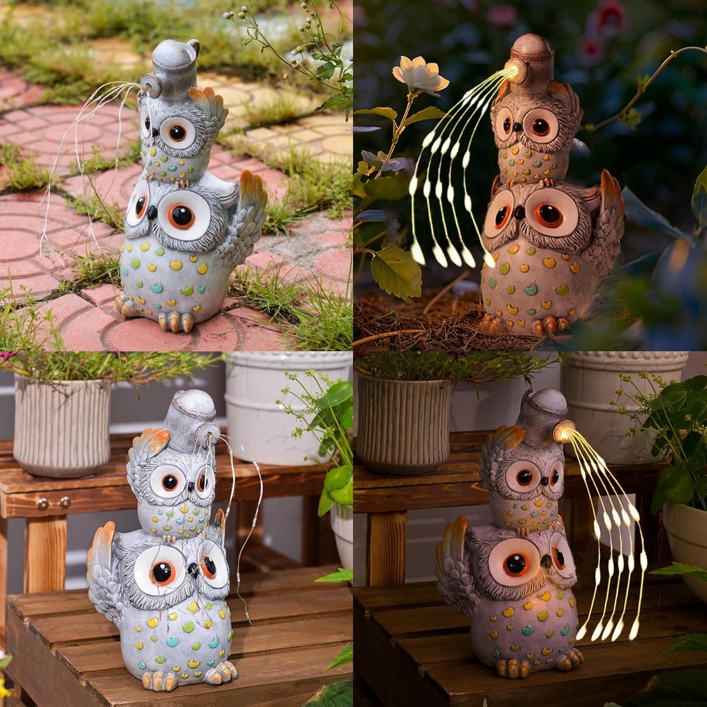 Solar Garden Statues Outdoor Decor, Watering Owl Statue Garden Decor, Resin Yard Decorations Outdoor for Patio, Porch, Balcony, Lawn Ornaments, House Warming Birthday Gifts for Mom Women Grandma