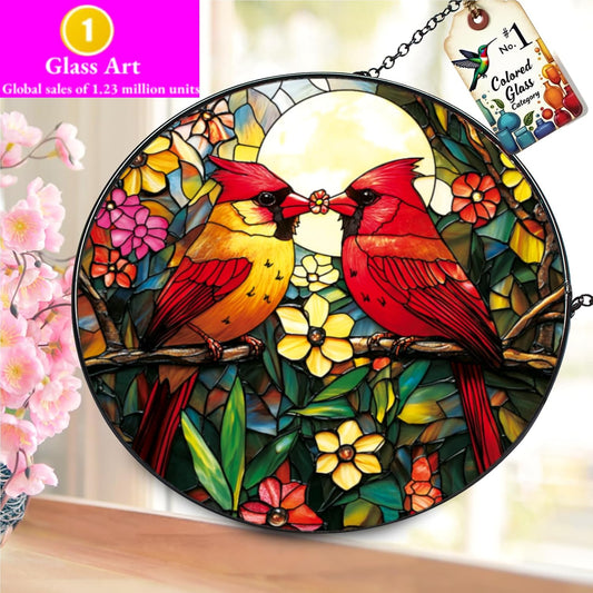 Cardinal Stained Glass Suncatcher - Red Bird Sun Catcher, Painted Glass Panel Decor, Sun Catchers Indoor Window, Gift for Bird Lovers, Mom, Grandma, 6.31IN
